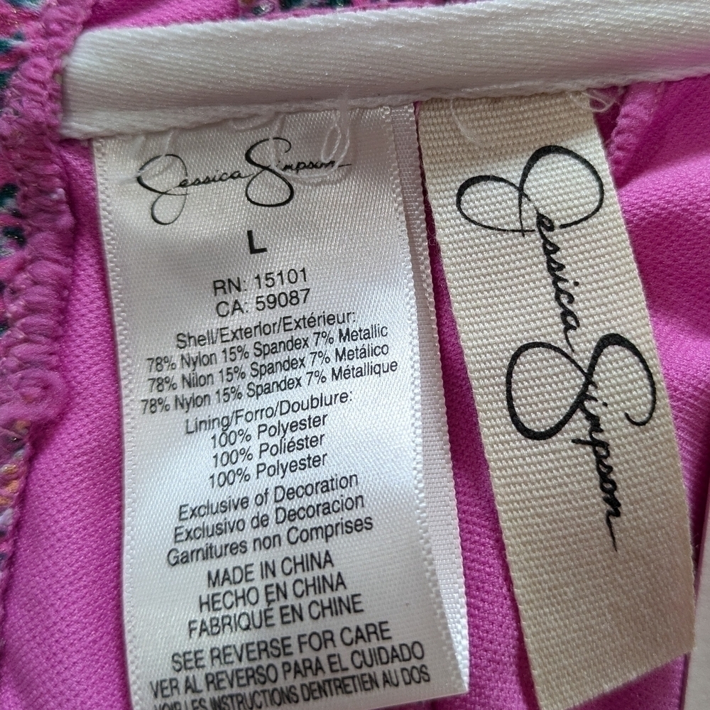 NWT Jessica Simpson pink yellow geometric v neck tie back bikini top L - Picture 6 of 9